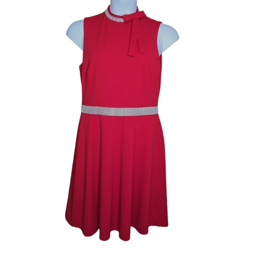 LIZ CLAIBORNE‎ red rhinestone bling high neck sleeveless party cocktail dress M
